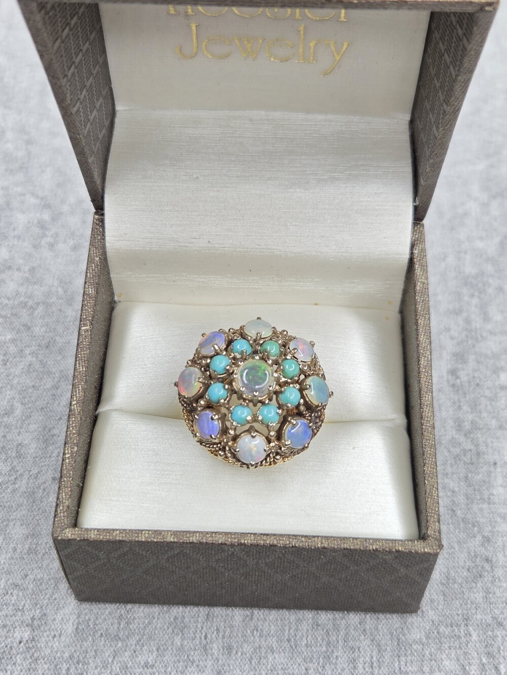 14K Gold Dome Cocktail Ring MCM 1950s Opal Turquoise Filigree Celestial Galaxy